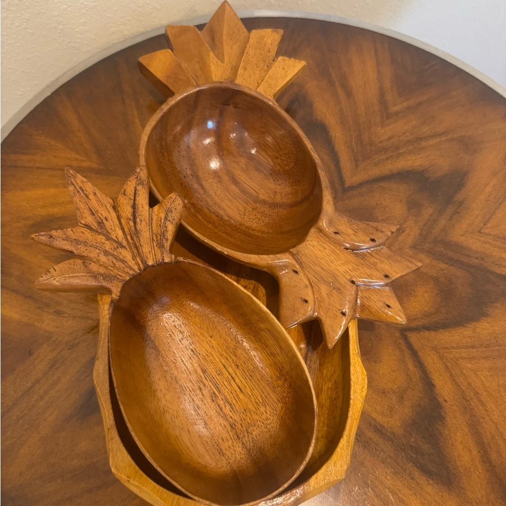 3 MCM Pineapple Shaped Mimosa Wood Serving Bowls